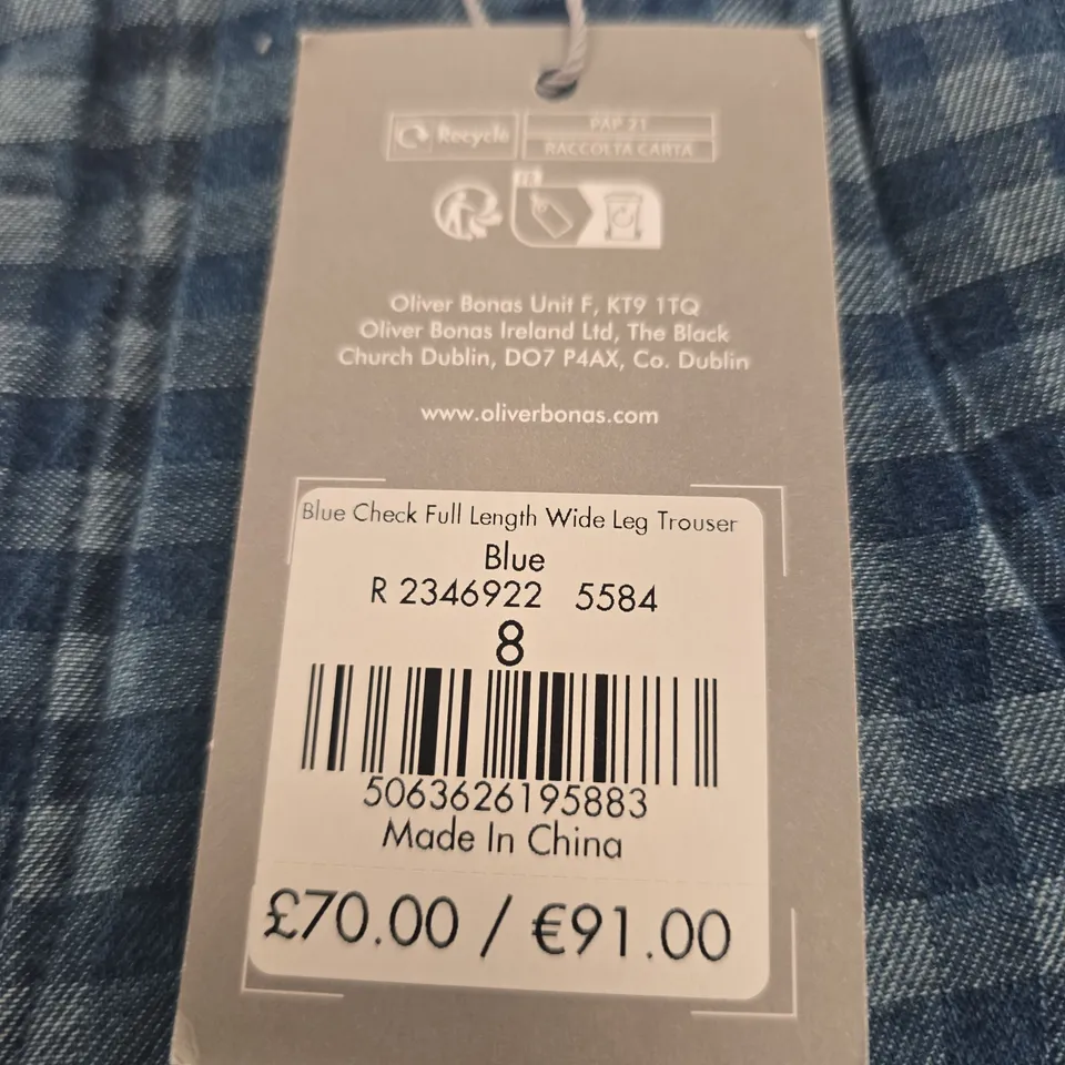 OLIVER BONAS BLUE CHECKED WIDE LEG TROUSERS, UK 8
