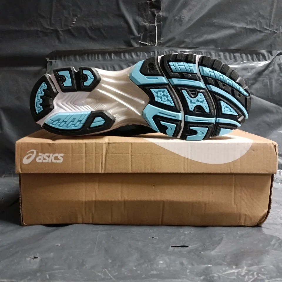 BOXED PAIR OF ASICS GEL-KAYANO 14 TRAINERS IN BLUE/SILVER/BLACK SIZE UK 9