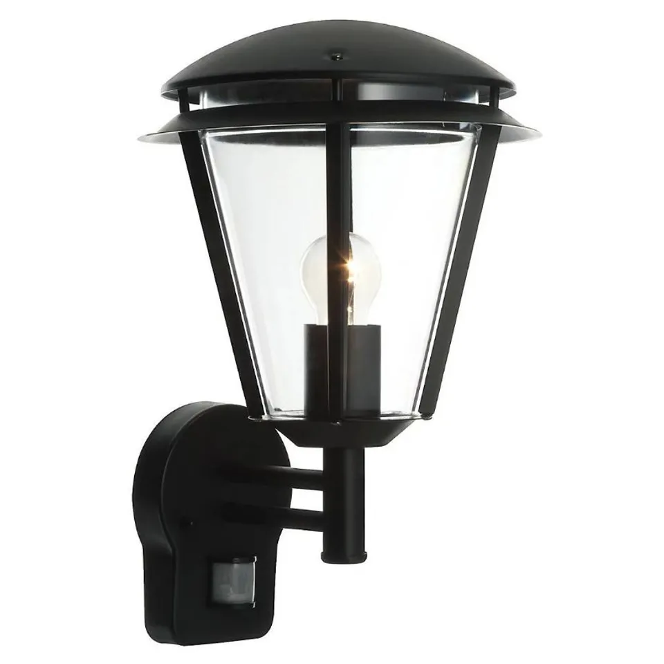 BOXED LUMINOSA INOVA PIR 1 LIGHT OUTDOOR WALL LANTERN MATT BLACK, CLEAR POLYCARBONATE IP44, E27