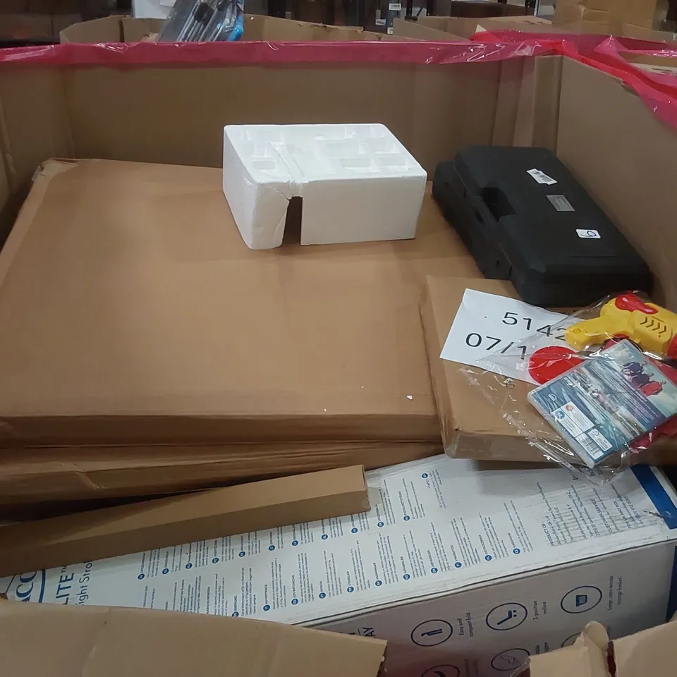 PALLET OF ASSORTED ITEMS TO INCLUDE: PAPER SHREDDER, COOKER HOOD, HP LASERJET CARTRIDGE, OUTDOOR CART, PRAM ECT