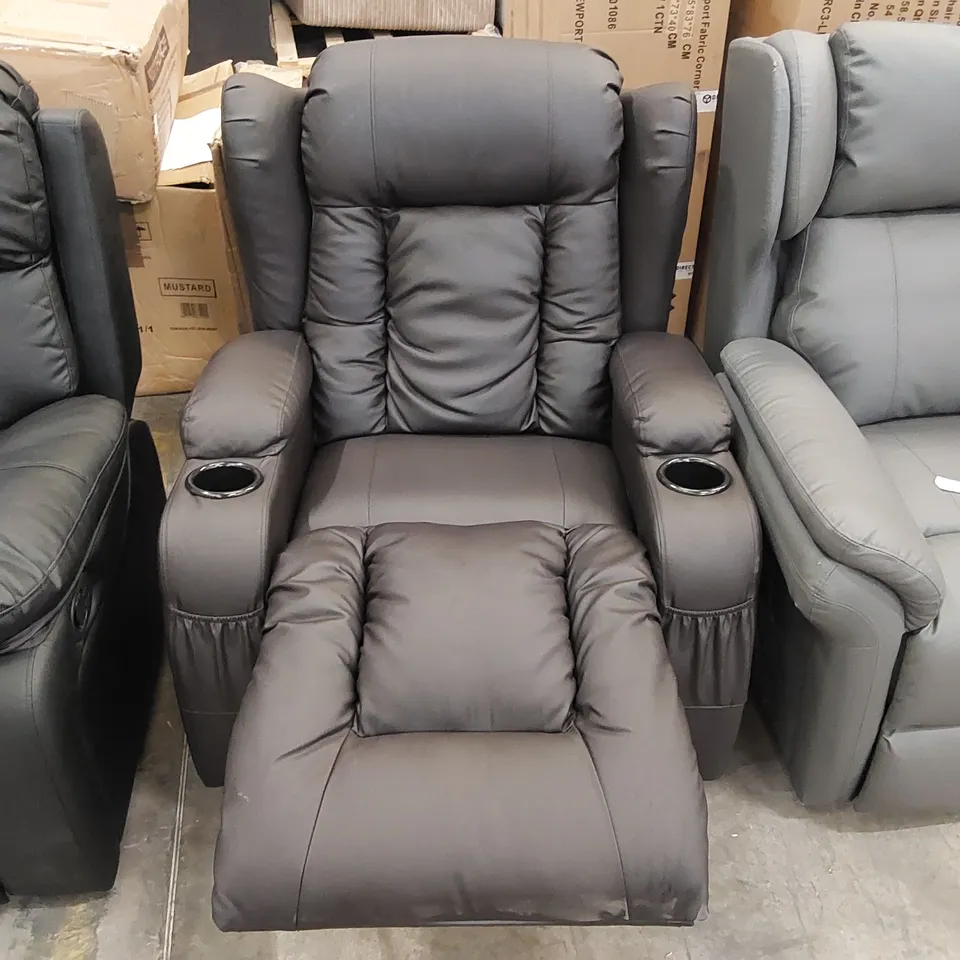 DESIGNER MANUAL RECLINING ROCKING ARMCHAIR WITH CUPHOLDERS IN DARK BROWN