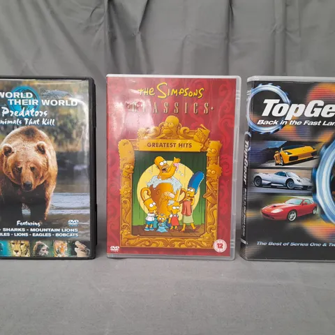 BOX OF APPROXIMATELY 20 ASSORTED DVDS TO INCLUDE OUR WORLD THEIR WORLD, SIMPSONS CLASSICS, TOPGEAR, ETC