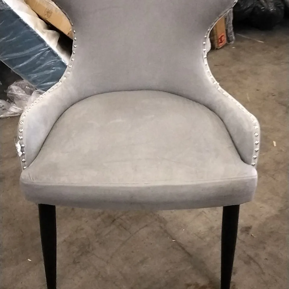 SET OF 3 GREY VELVET STUDDED DINING CHAIRS WITH BLACK LEGS