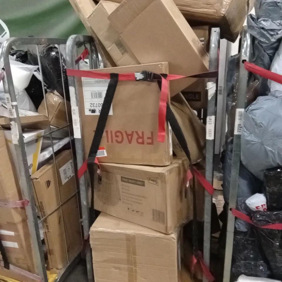 CAGE OF ASSORTED HOUSEHOLD GOODS AND PRODUCTS TO INCLUDE; TREE SKIRTS, WALL CLOCK, AIR FRYER, ELECTRIC BLANKET ETC