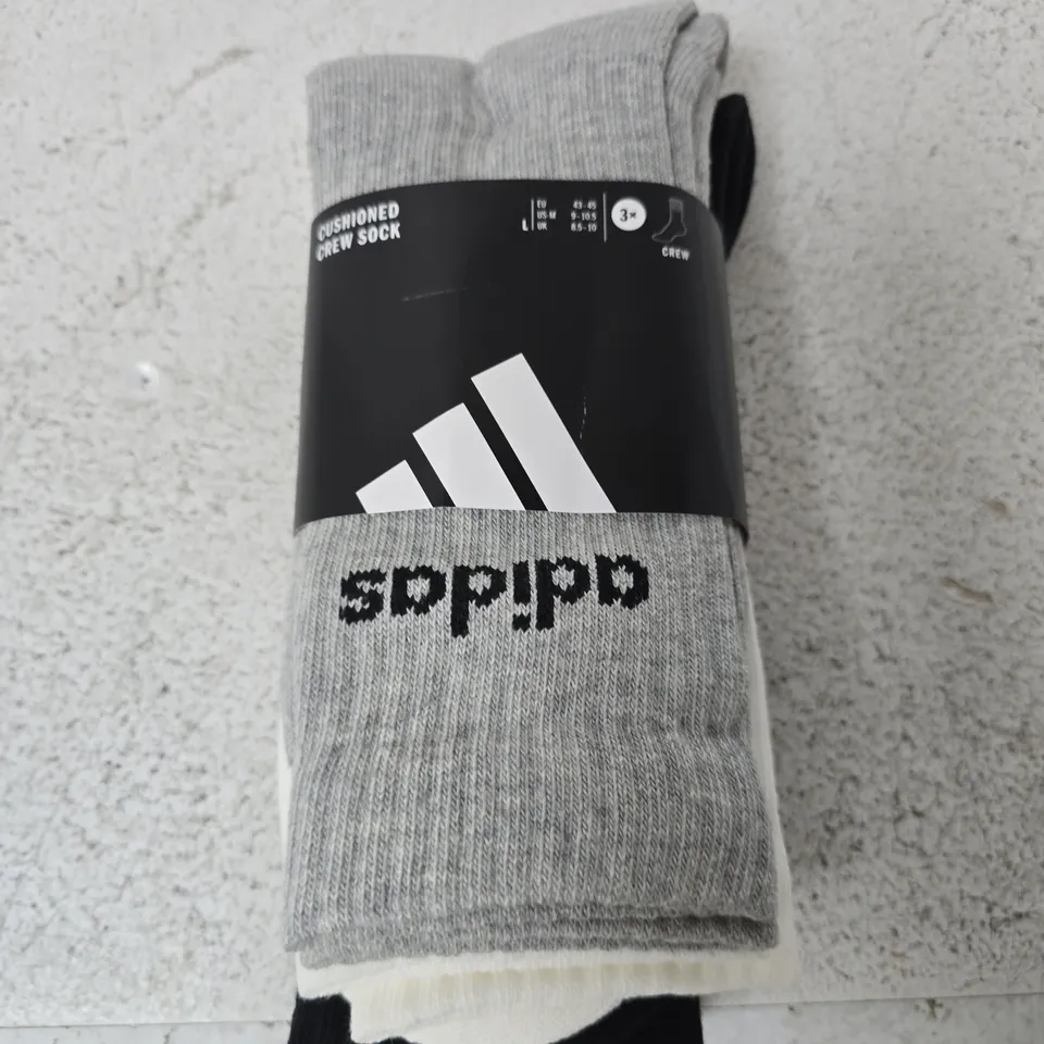 ADIDAS CUSHIONED CREW SOCKS – X3 - SIZE LARGE 