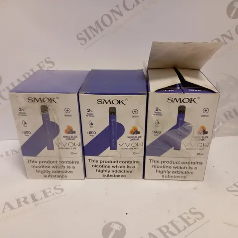 3 X BOXED (10 DISPOSABLES PER BOX) SMOK DISPOSABLE VAPES - MANGO BLACKCURRANT