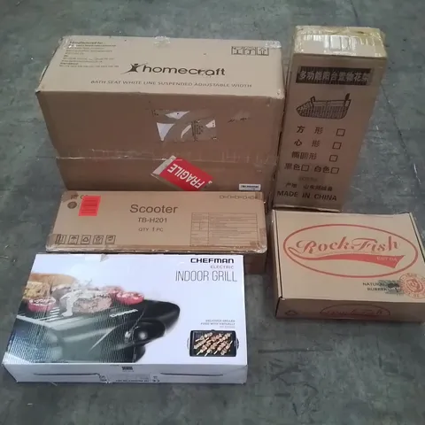 PALLET OF ASSORTED HOUSEHOLD GOODS AND PRODUCTS TO INCLUDE; SCOOTER, INDOOR GRILL, WELLIES, BOXED FURNITURE ETC