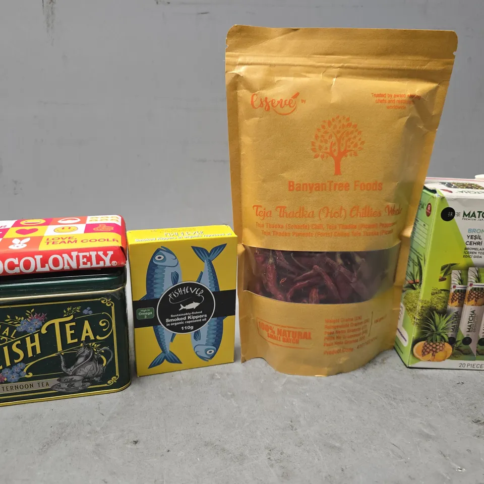 APPROXIMATELY 10 ASSORTED FOOD & DRINK ITEMS TO INCLUDE - DIET COKE NO CAFFEINE , SMOKED KIPAS , TONY'S CHOCOLONELY ETC