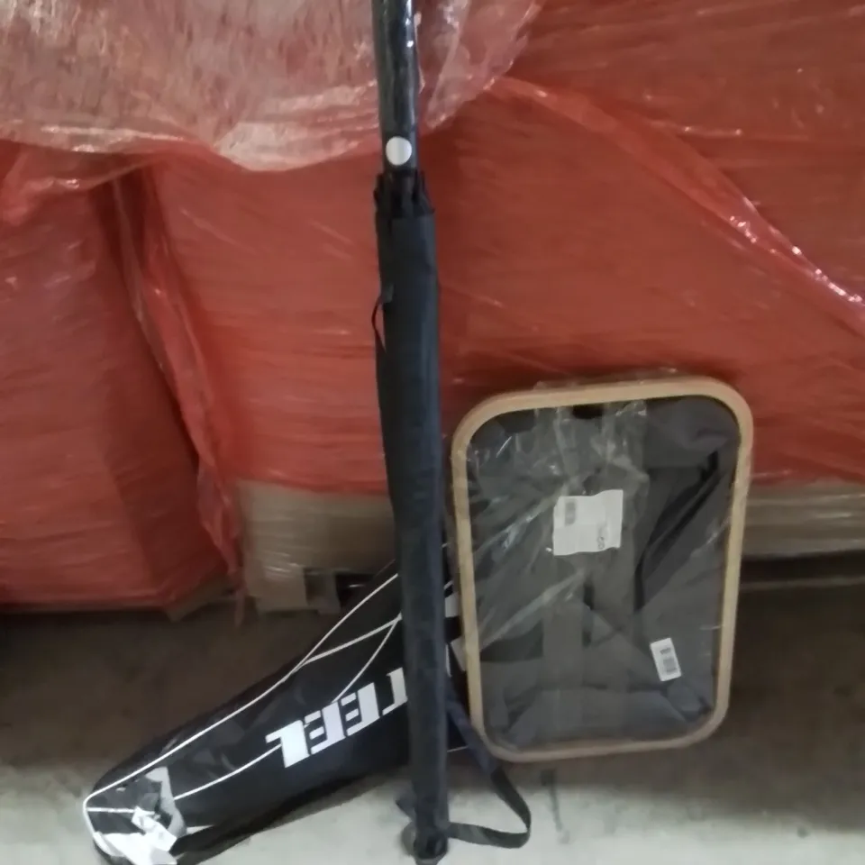 PALLET OF ASSORTED HOUSEHOLD GOODS AND PRODUCTS TO INCLUDE;TENNIS RACKETS,UMBRELLA,PET TOYS BOX