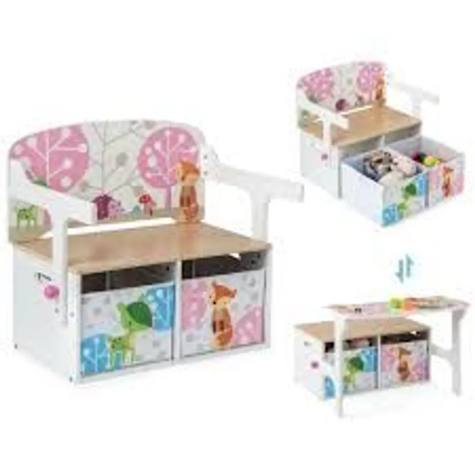 BOXED COSTWAY 3 IN 1 KIDS CONVERTIBLE ACTIVITY BENCH WITH 2 REMOVABLE FABRIC BINS - WHITE 