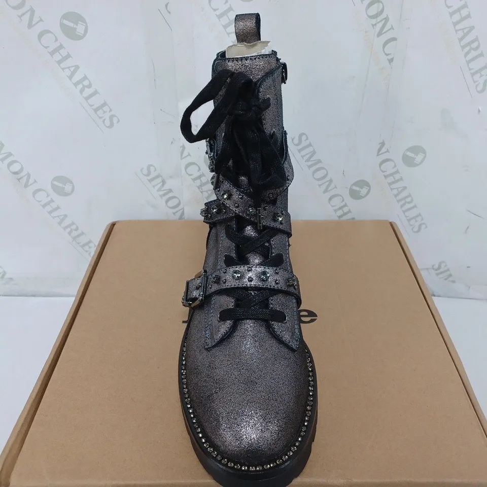 DUNE LONDON EMBELLISHED LEATHER BOOT IN PEWTER - SIZE 6