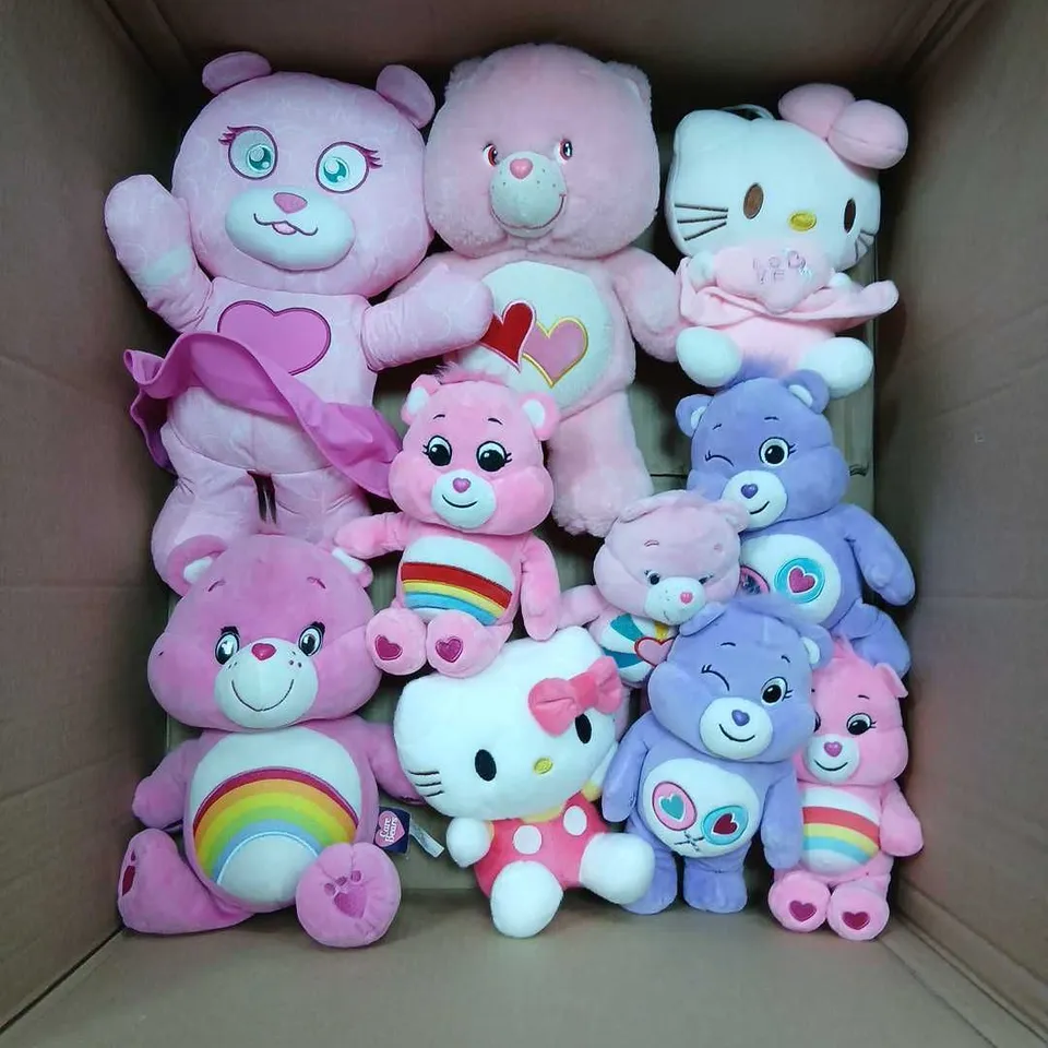 APPROXIMATELY 10 ASSORTED CARE BEAR AND HELLO KITTY PLUSH TOYS