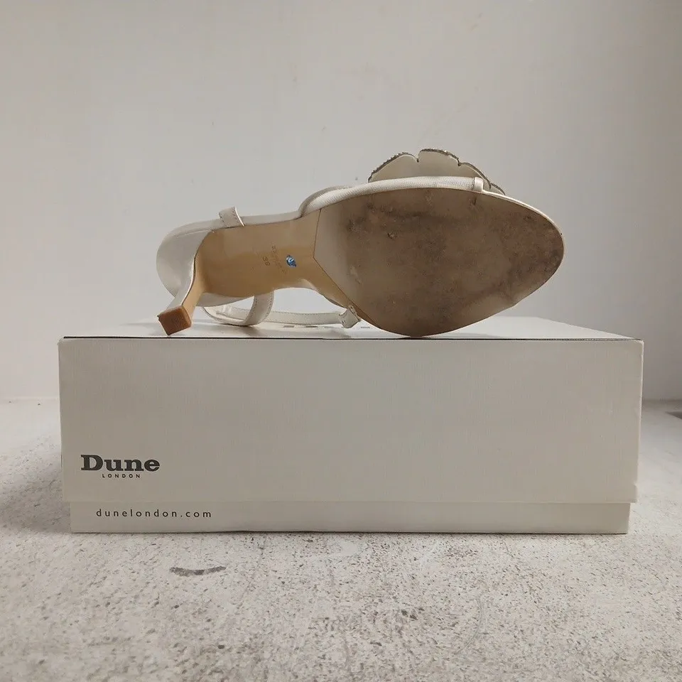 BOXED PAIR OF DUNE LONDON OPEN TOE CRYSTAL FLOWER MESH SANDALS IN IVORY SIZE 6