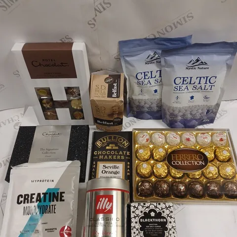 10 X ASSORTED FOOD & DRINK PRODUCTS TO INCLUDE CELTIC SEA SALT, MY PROTEIN CREATINE MONOHYDRATE, BULLION SEVILLE ORANGE CHOCOLATE ETC