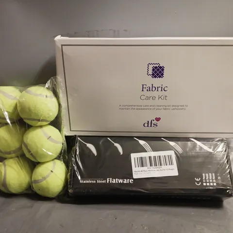 BOX OF APPROXIMATELY 7 ASSORTED ITEMS TO INCLUDE - TENNIS BALLS , DFS FABRIC CARE KIT , FLATWARE ETC