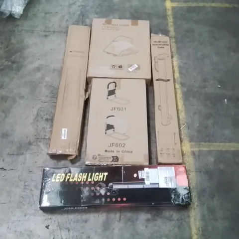 PALLET OF ASSORTED ITEMS TO INCLUDE: BAMBOO TOWEL LADDER, RETRACTABLE GATE, LED FLASH LIGHT, TOILET SEAT ECT
