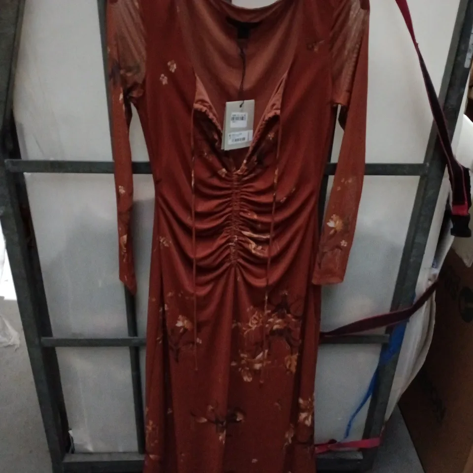 ALLSAINTS GABBY LS MESH DRESS – RUST BROWN, UK 6