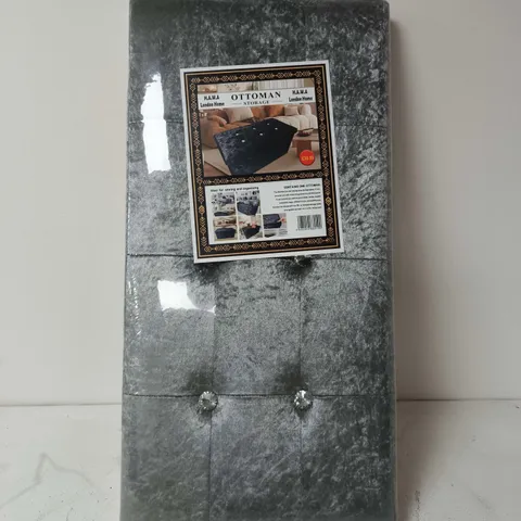 OTTOMAN STORAGE BENCH – GREY TUFTED VELVET WITH CRYSTAL BUTTONS