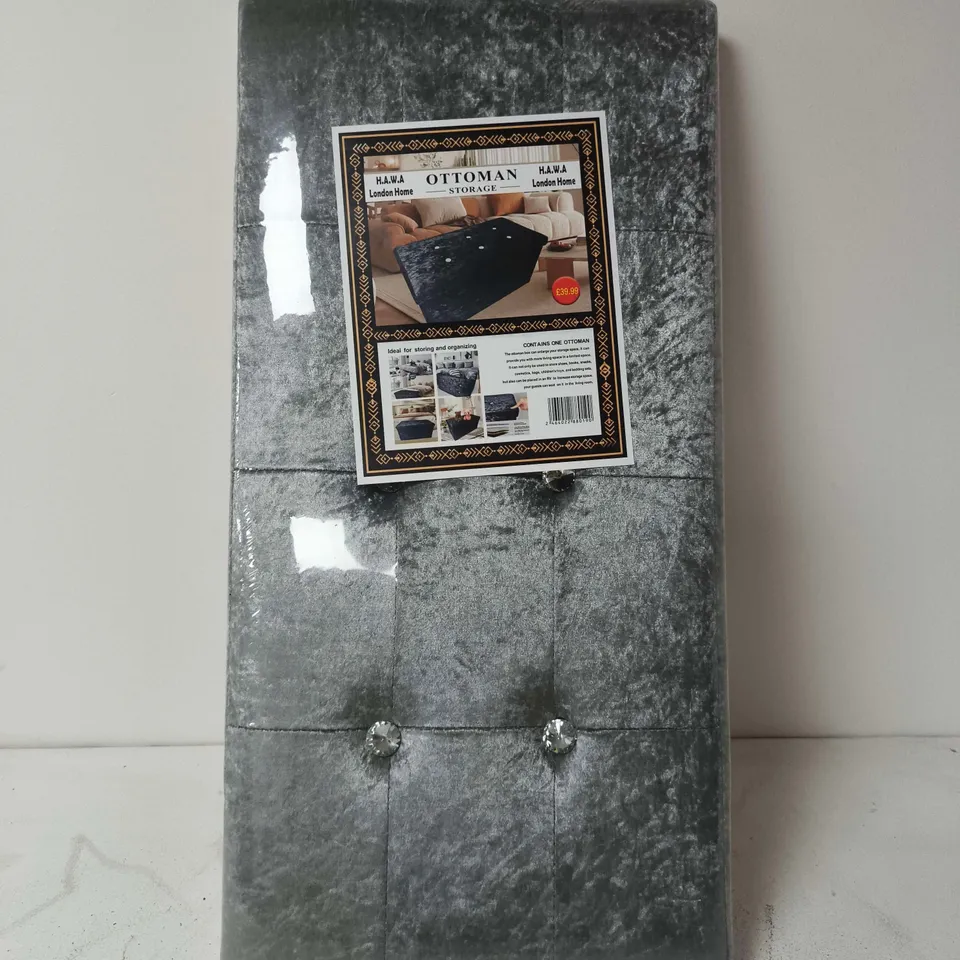 OTTOMAN STORAGE BENCH – GREY TUFTED VELVET WITH CRYSTAL BUTTONS
