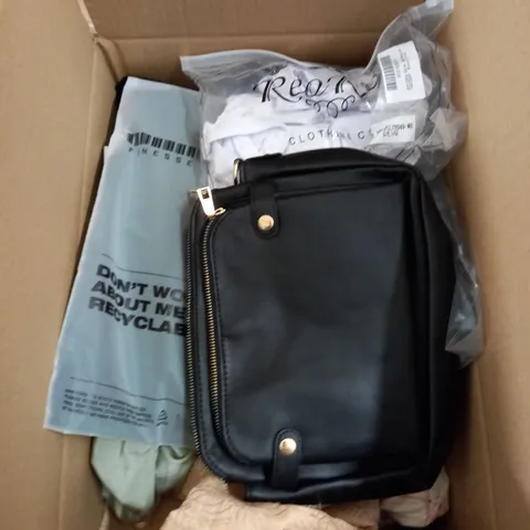 MEDIUM BOX OF ASSORTED CLOTHING ITEMS IN VARIOUS SIZES AND COLOURS
