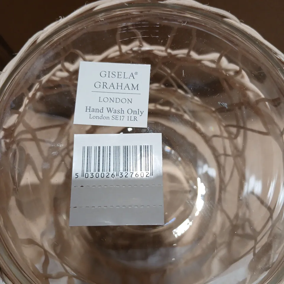 SIX BRAND NEW GISELA GRAHAM LONDON HAND WASH BOTTLE WITH WHITE WICKER WRAP – GLASS JUG
