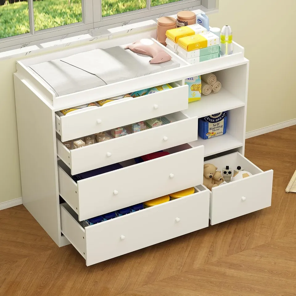 WHITE CHEST OF DRAWERS, BABY CHANGING UNIT WITH 5 DRAWERS & STORAGE SHELVES, 120W X 49.5D X 91.8H CM BABY CLOTHES STORAGE CABINET DRESSER FOR BEDROOM, BABY ROOM (2 BOXES)