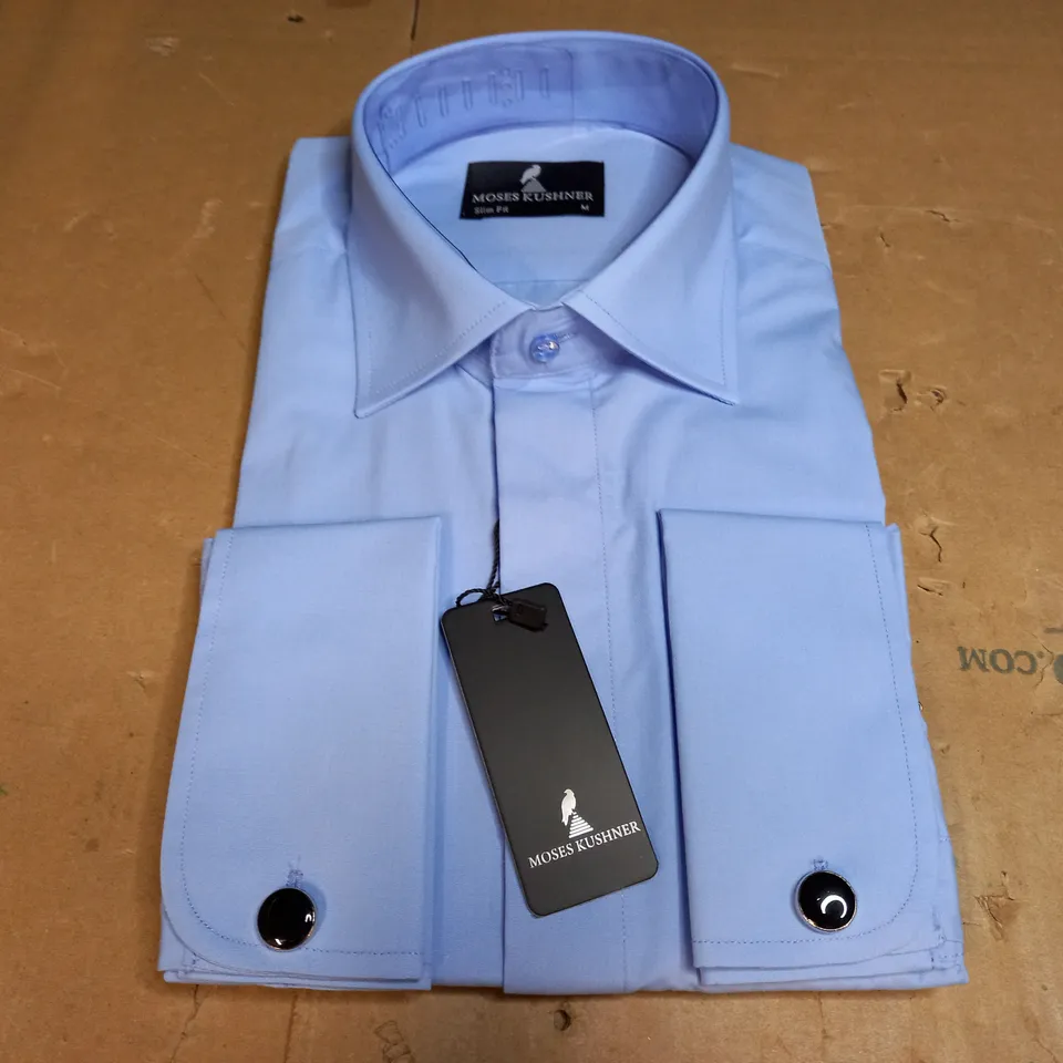 MOSES KUSHNER LOT OF 5 LONG SLEEVE SLIM FIT BUTTONED BLUE SHIRTS OF VARIOUS SIZES - 1 MEDIUM, 1 LARGE, 3 XXL