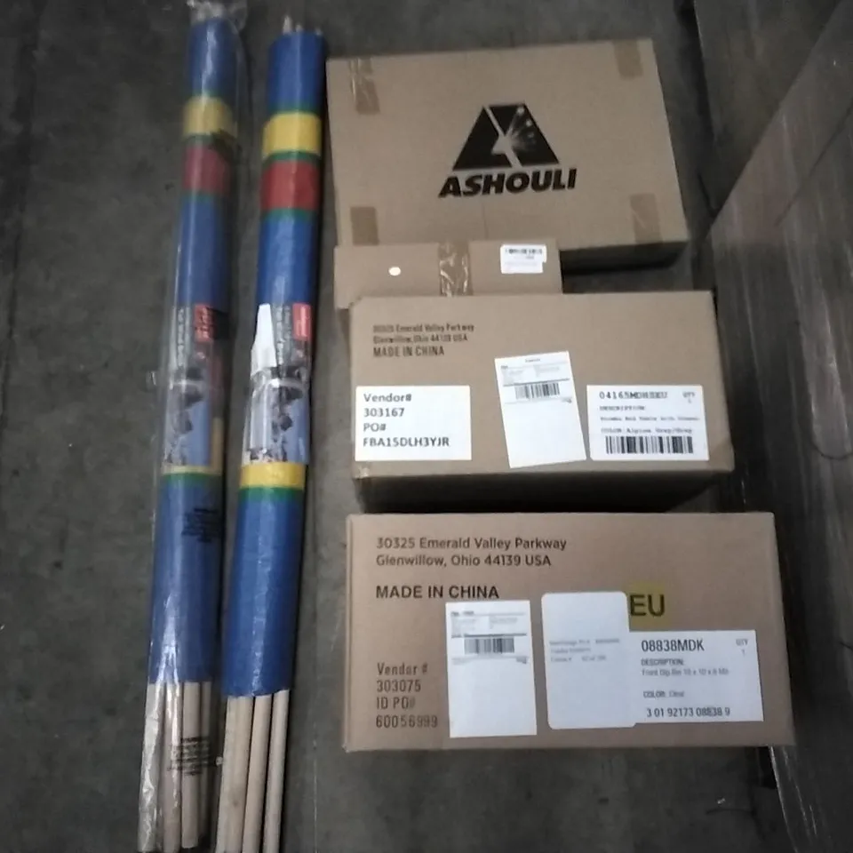 PALLET OF ASSORTED ITEMS INCLUDING ASHOULI, FRONT DIP BINS, FORMBU END TABLE WITH DRAWER, REDWOOD TALL WIND BREAK, M DESIGN TOWEL STORAGE RACK