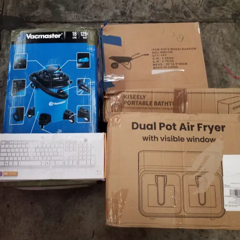 PALLET OF ASSORTED PRODUCTS INCLUDING VACMASTER, SLIM KEYBOARD, DUAL POT AIR FRYER, PORTABLE BATHTUB, KIDS WHEELBARROW 