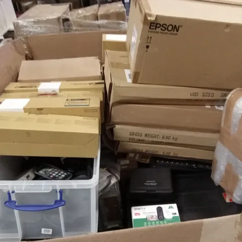 PALLET TO CONTAIN A LARGE ASSORTMENT OF TECH PRODUCTS AND OFFICE ITEMS TO INCLUDE; SPEAKERS, AUDIO EQUIPMENT, VIDEO DOORBELL, INK CARTRIDGES ETC
