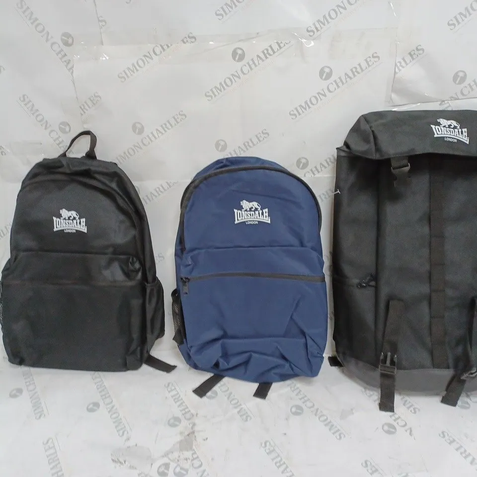 3 LONSDALE BACK PACKS IN BLACK AND BLUE 