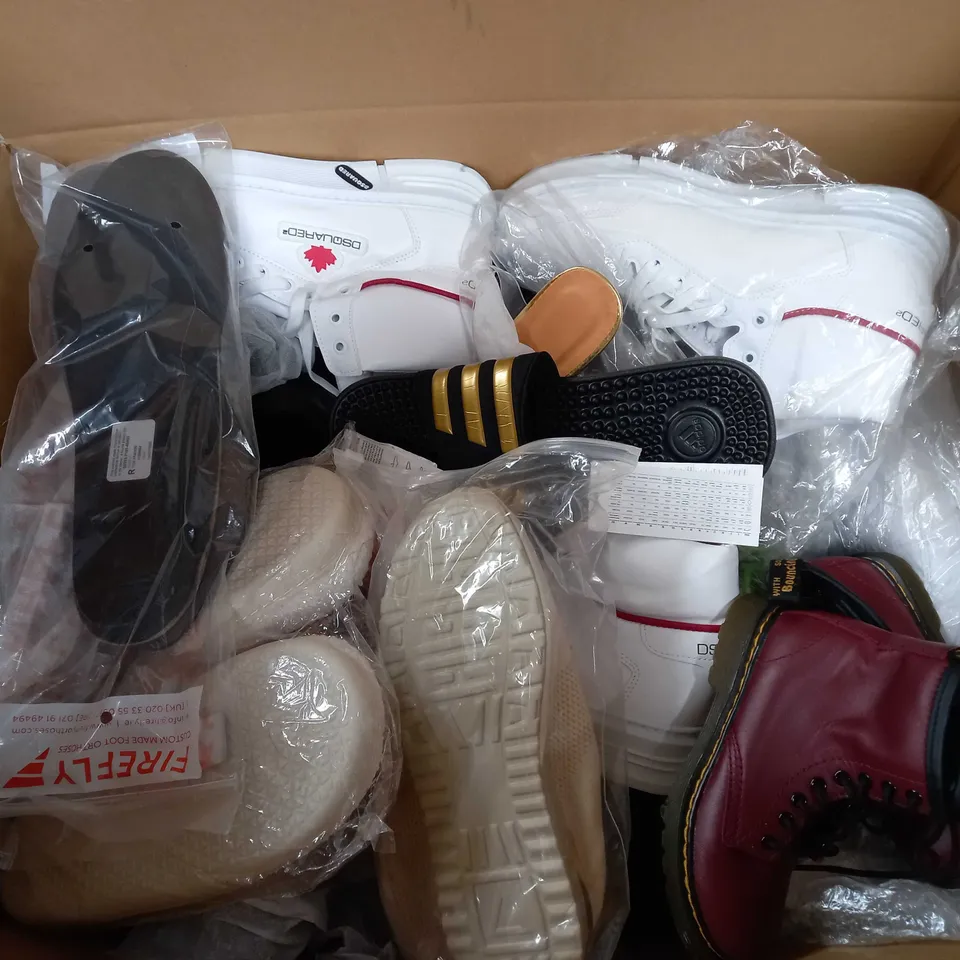 BOX OF APPROX 15 ASSORTED SHOES TO INCLUDE - ADIDAS WET SLIDER - DSQUARED WHITE BOOT - VERSAOE JEANS LIME GREEN TRAINERS ECT