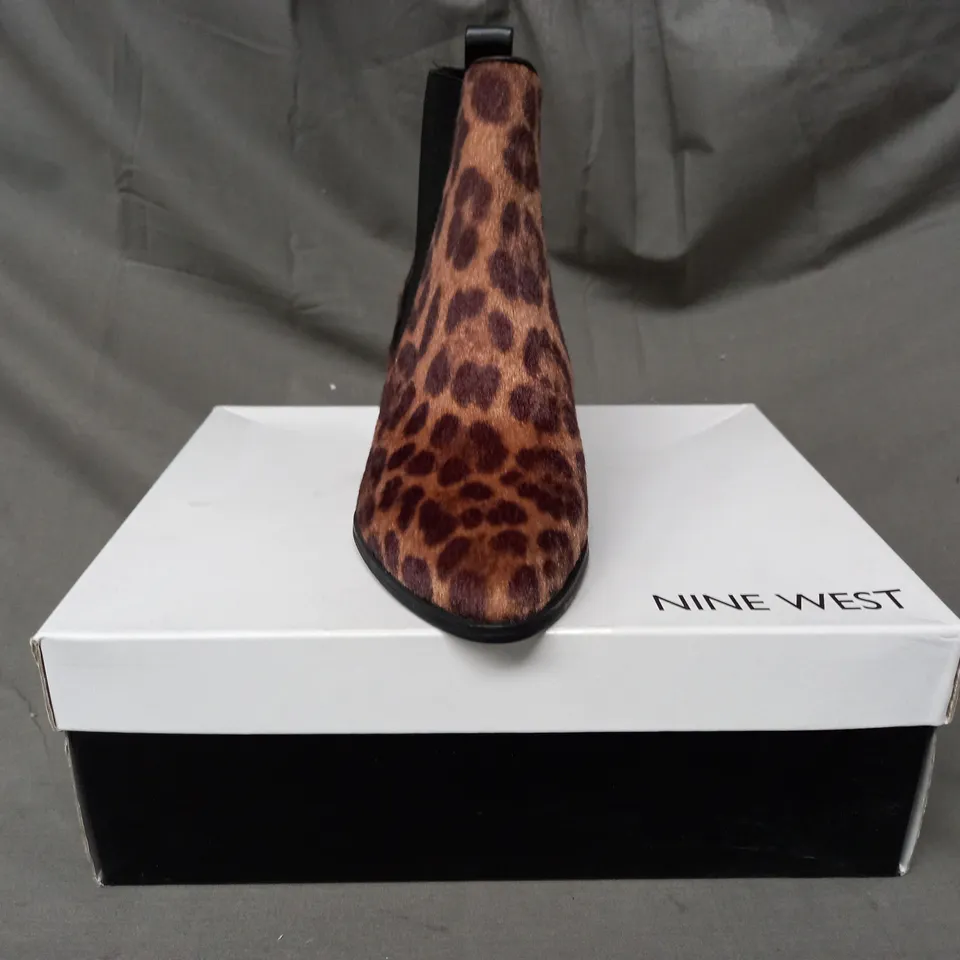 BOXED PAIR OF NINE WEST TAYE SYNTHETIC ANKLE BOOTS IN ANIMAL PRINT EU SIZE 35