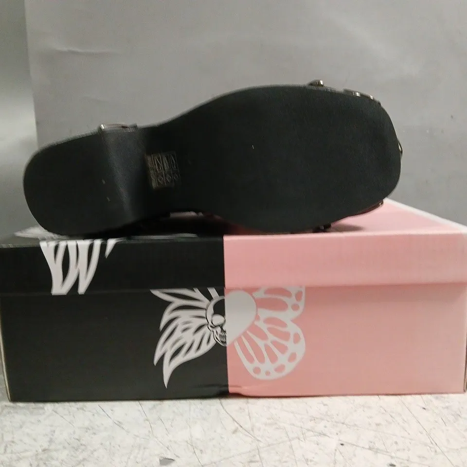 BOXED PAIR OF KOI SWEET APATHY PLAID WEDGE MARY JANES IN PINK SIZE UK 4