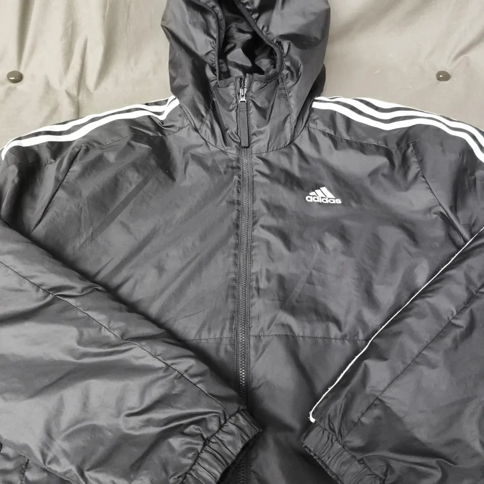 ADIDAS BLACK HOODED WINDBREAKER JACKET - SIZE S