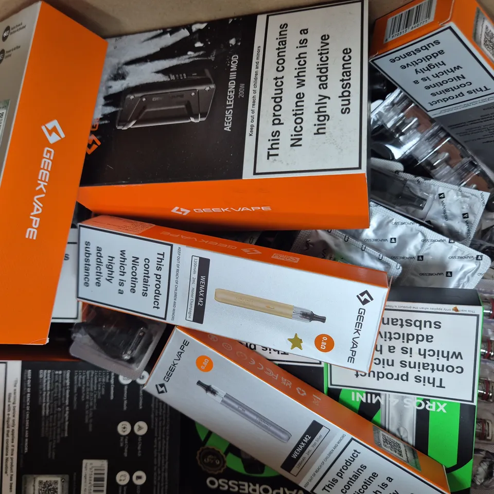 BOX OF APPROXIMATELY 20 ASSORTED VAPING ITEMS AND PRODUCTS TO INCLUDE VAPORESSO, GEEK VAPE, ETC