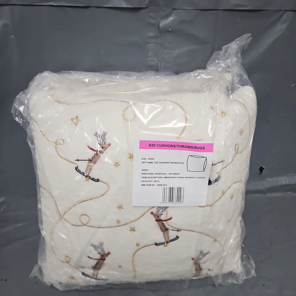14 EMBROIDERY SKIING REINDEER CUSHIONS IN WHITE MULTI - COLLECTION ONLY