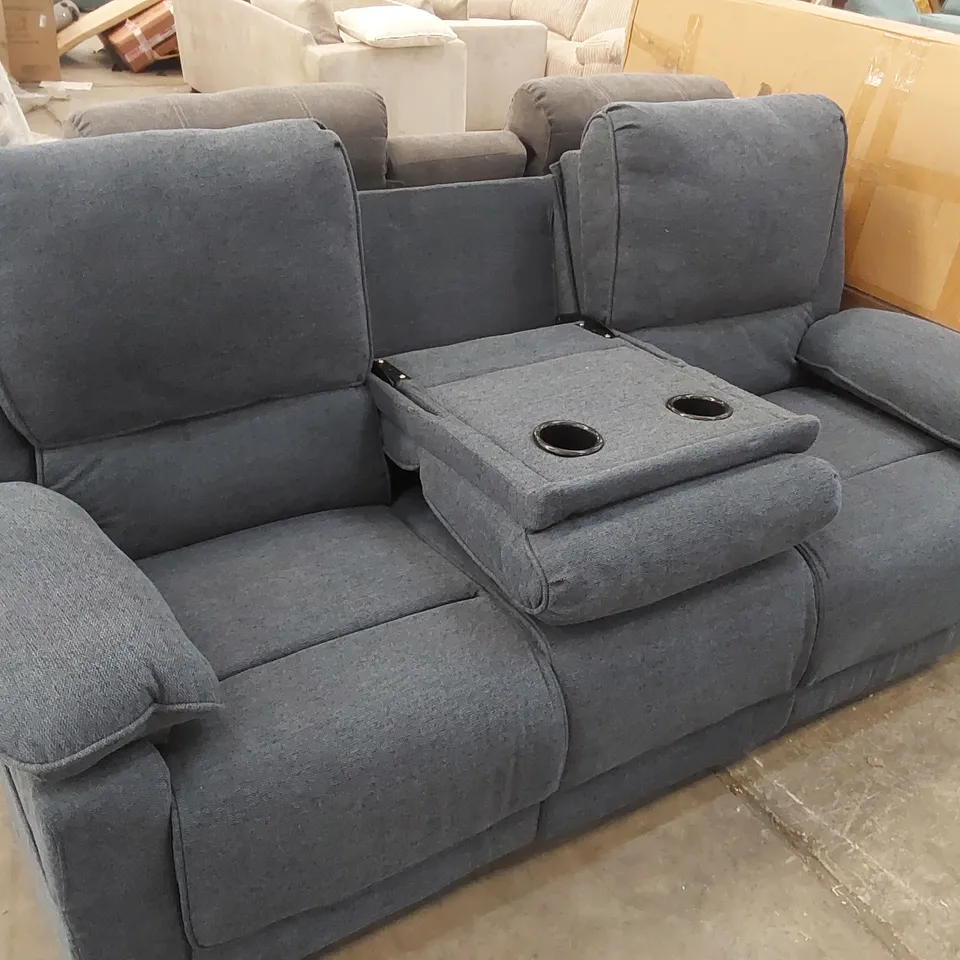 DESIGNER 3 SEATER MANUAL RECLINER SOFA WITH FOLD DOWN CENTER PIECE CUP HOLDERS - BLUE FABRIC