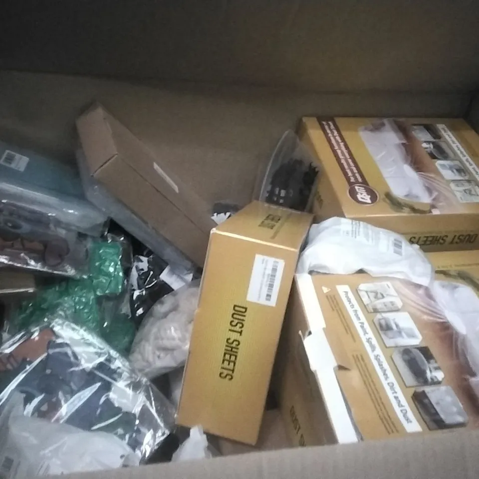 PALLET OF ASSORTED ITEMS INCLUDING DUST SHEETS, DISPOSABLE FACE MASKS, PHONE CASE, 74PCS COLOUR ELASTIC HAIR BAND SET, CYCLING GLOVES, STITCH BALLOONS