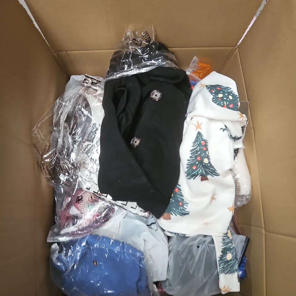 LARGE BOX OF APPROXIMATELY 25 ASSORTED CLOTHING ITEMS IN VARIOUS COLOURS, STYLES AND SIZES - COLLECTION ONLY