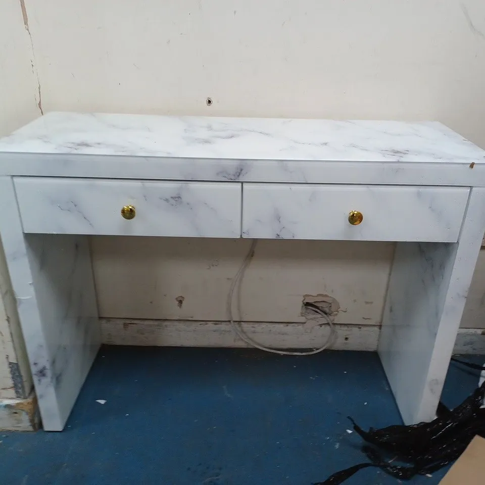 MARBLE EFFECT GLASS TOP TWO DRAW STORAGE TABLE - COLLECTION ONLY 