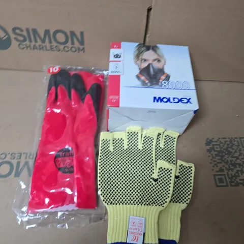 BOX OF ASSORTED SAFETY EQUIPMENT TO INCLUDE SAFETY GLOVES AND FACE MASKS