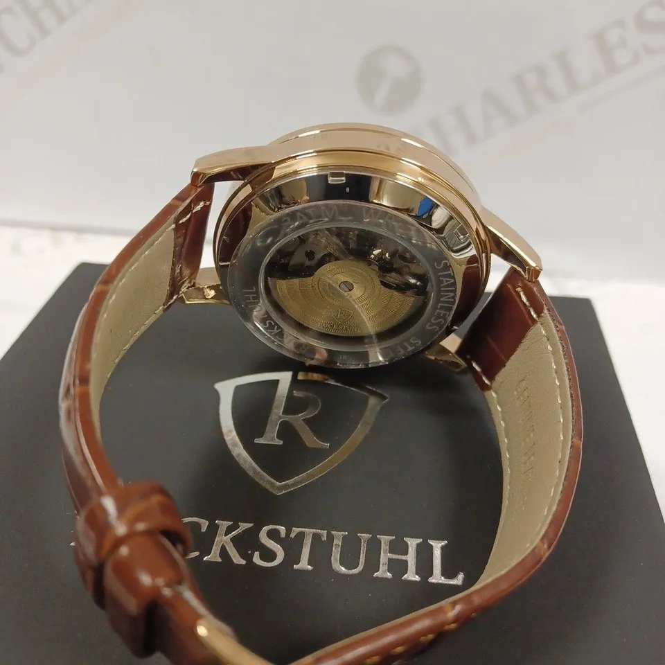 RUCKSTUHL CHRONOGRAPH BLUE FACE PART SKELETON BROWN LEATHER STRAP WRISTWATCH 