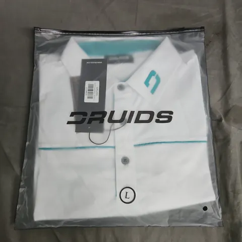 BAGGED DRUIDS BLOCK PIQUE POLO SHIRT – WHITE, SIZE L