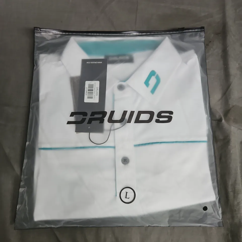 BAGGED DRUIDS BLOCK PIQUE POLO SHIRT – WHITE, SIZE L