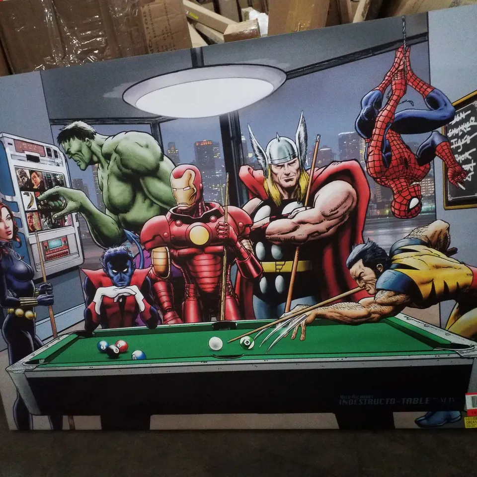 SUPER HEROES PLAYING POOL ILLUSTRATION - WRAPPED CANVAS PRINT
