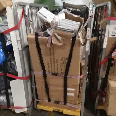 CAGE OF ASSORTED HOUSEHOLD GOODS AND PRODUCTS TO INCLUDE; WOOD MONITOR RISER, VINYL FLOORING, CHRISTMAS DECORATIONS ETC