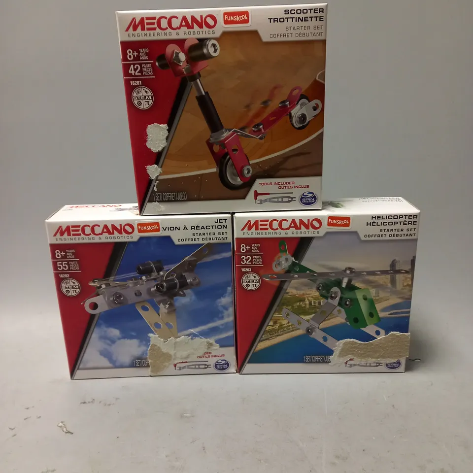 BOXED SET OF 3 MECCANO STARTER KITS INCLUDING JET, SCOOTER AND HELICOPTER