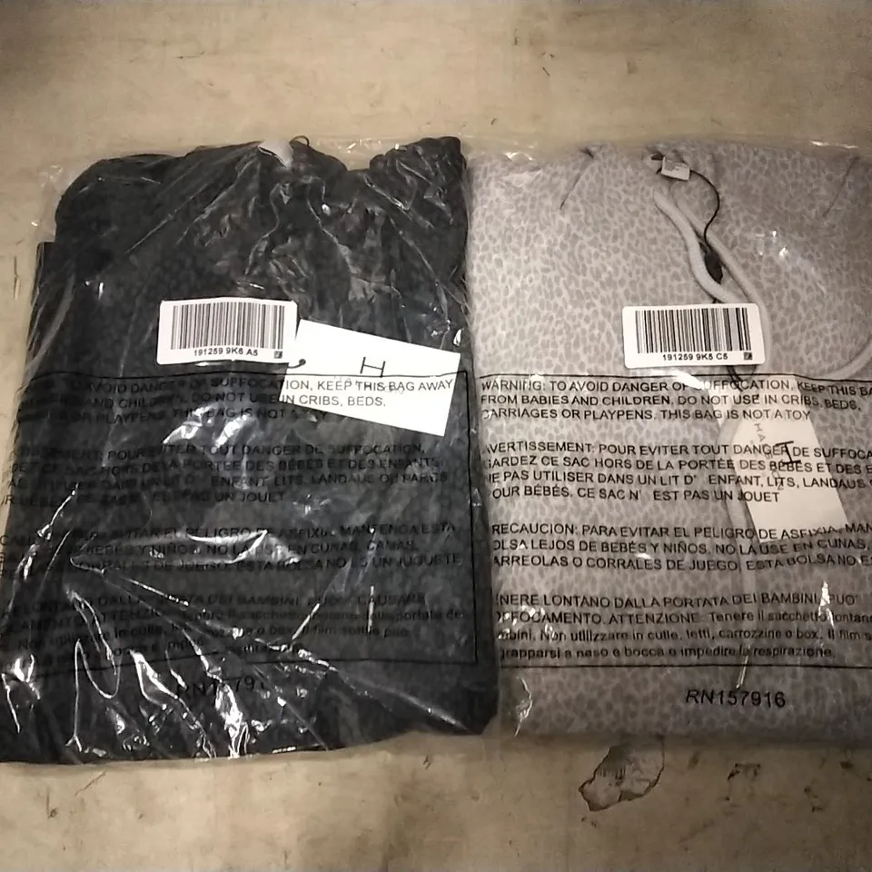 BOX OF APPROXIMATELY 14 ASSORTED CLOTHING ITEMS TO INCLUDE HALSTON DEEP BLUE LEOPARD PRINT HOODIES SMALL & HALSTON WHITE LEOPARD PRINT HOODIES L 