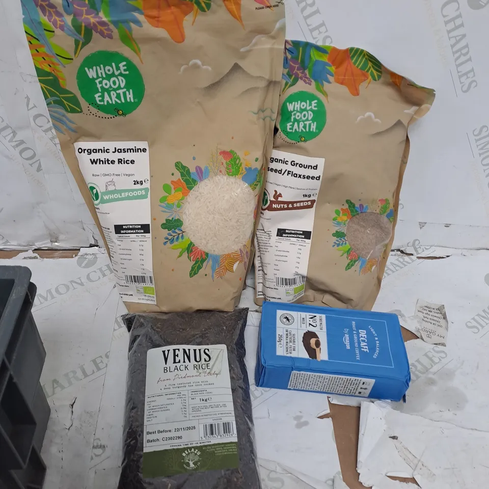 TOTE OF ASSORTED FOOD AND DRINK TOO INCLUDE COFFEE , WHITE RICE , BLACK RICE , ETC 